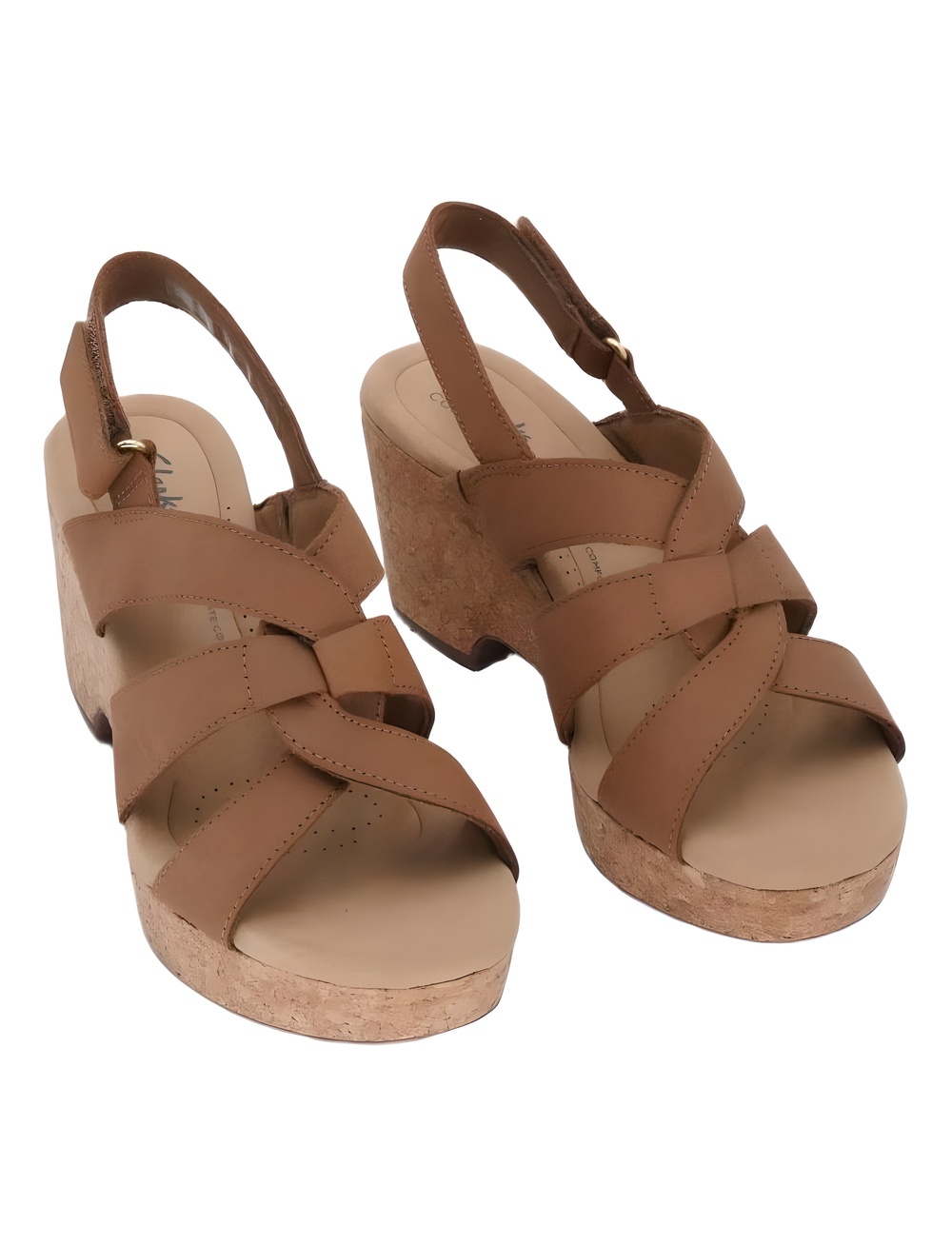 Clarks Giselle Beach Tan Leather 3" Wedge Sandals Size 8.5W